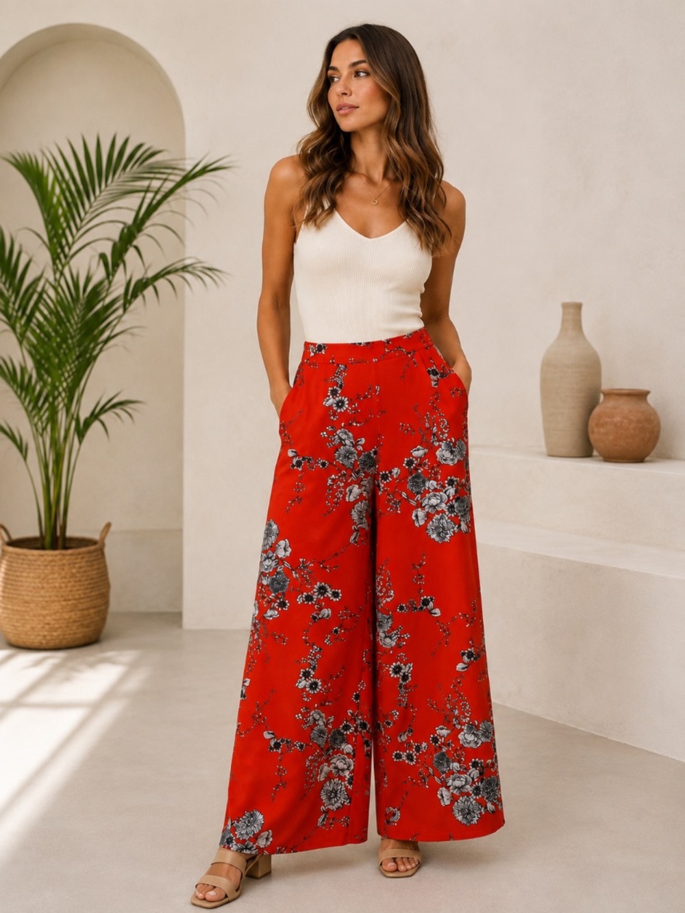 Bryn Walker Red Multi Floral Italian Fabric Boho Retro Wide Leg Pants Size L